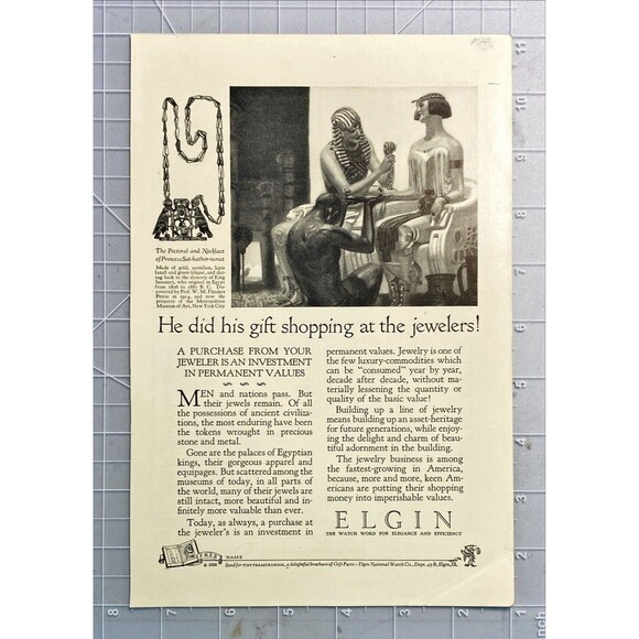 ELGIN "The Watch Word for Elegance & Efficiency" Egyptian Necklace Print Ad 1926 - Picture 2 of 3